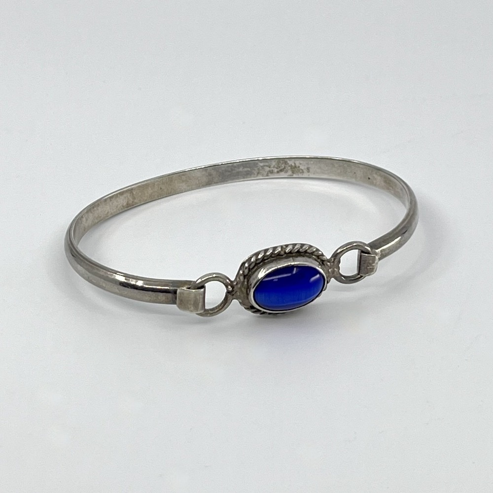 Vintage Mexican Sterling‎ Silver Bracelet Blue Glass Cabochon Hook Bangle 925